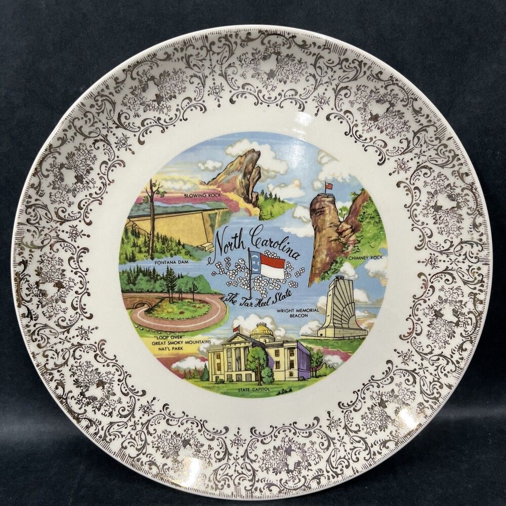 "NORTH CAROLINA,THE TAR HEEL STATE" VTG Souvenir Collector Plate 9.25" Gold Trim